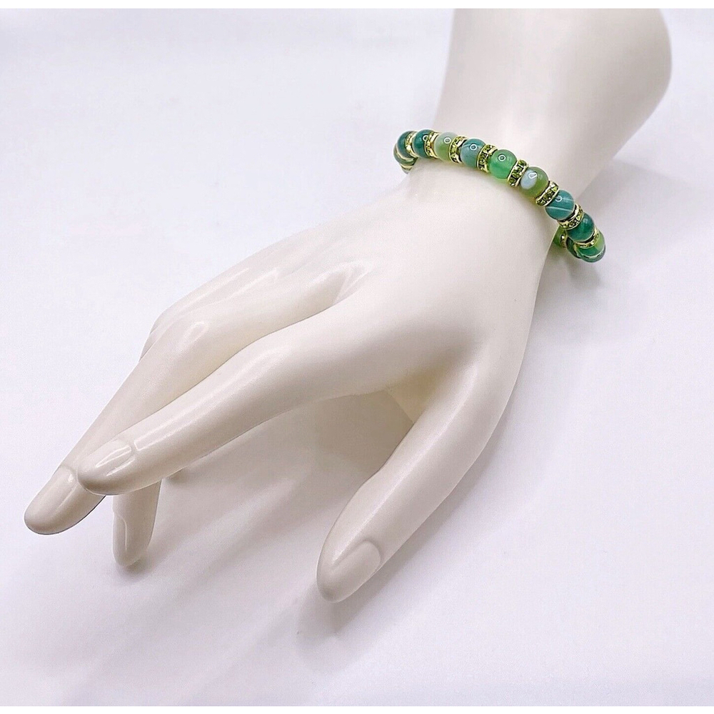 Round Green Bead Bracelet Green & Gold Sparkling Spacers Size: Small Wrist